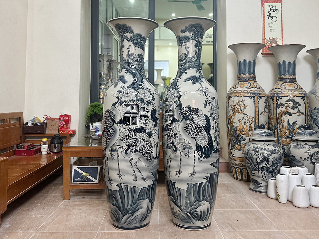 Lọ lộc bình Bát Tràng men chàm cổ Tùng Hạc Ngũ Phúc 1m6 2